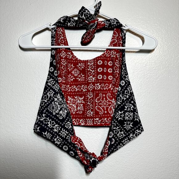 VTG Sportivity Bandana Top Halter Neck Tie Reversible 80 Backless Paisley Navy L - Picture 4 of 4